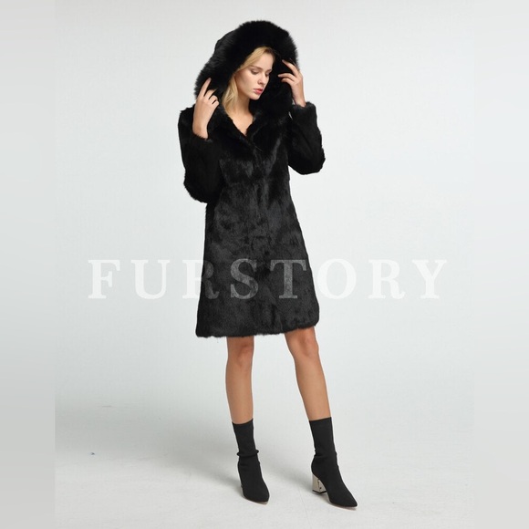 Hooded Black Fur Story rabbit fur coat, size 4. - Picture 2 of 10